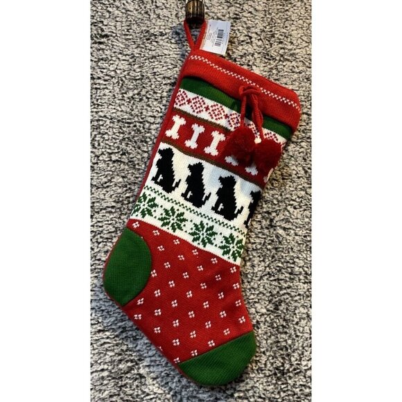 Christmas Stocking Knitted Black Dog Red Green Fair Isle Bone NEW 17. 5 Inch - Picture 1 of 2